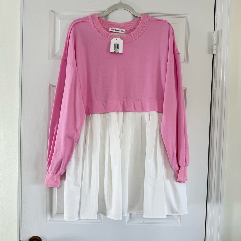 NWT In The Beginning Pink and White Baby Doll Top Dress Size M/L